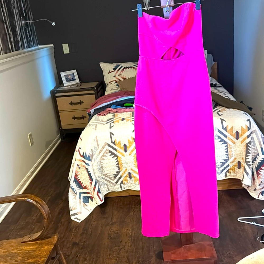 BCBG Maxazria formal pink dress, one shoulder strap,hole under,and slit at knee